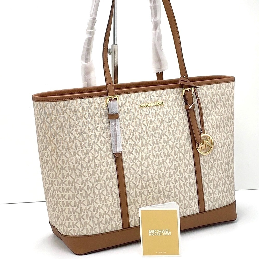 MICHAEL KORS VANILLA SIGNATURE COLOR JET SET TRAVEL LARGE LOGO TOTE BAG